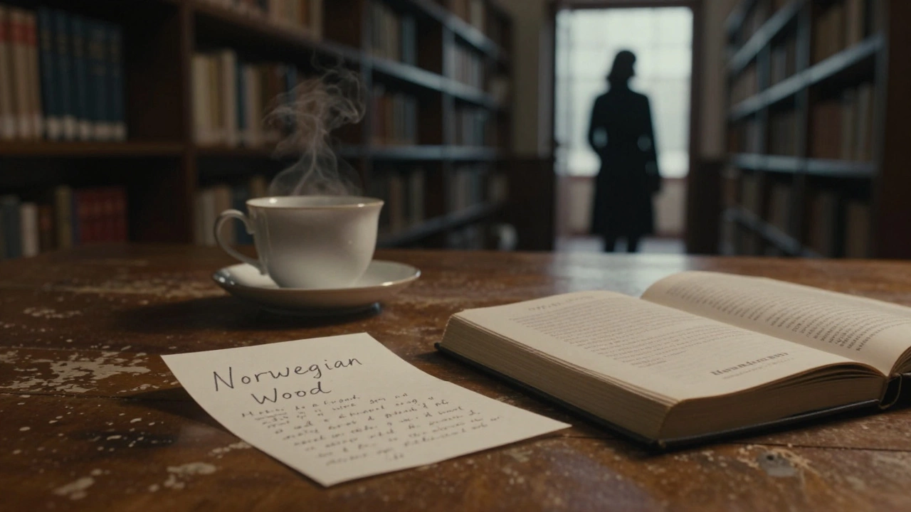 A handwritten note and teacup left on a library table beside an open Murakami novel.