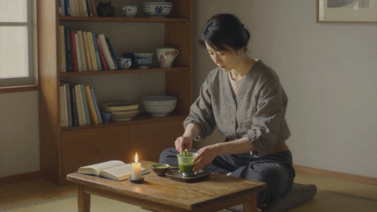 A Japanese woman prepares matcha in a quiet Avignon apartment surrounded by books and ceramics.