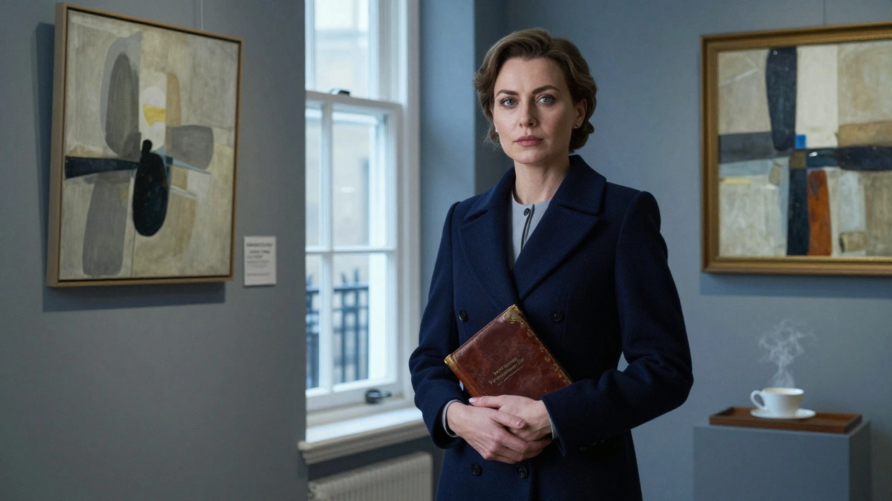 A poised Russian woman in a gallery in Kensington, holding a book and standing beside abstract art under soft museum lighting.