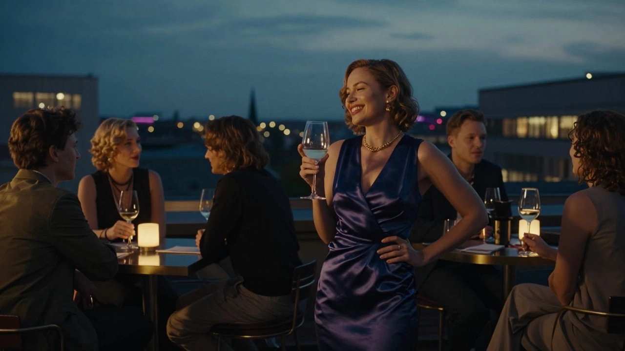 A Russian escort at a Berlin rooftop bar at dusk, laughing with guests as city lights glow behind her in the twilight.