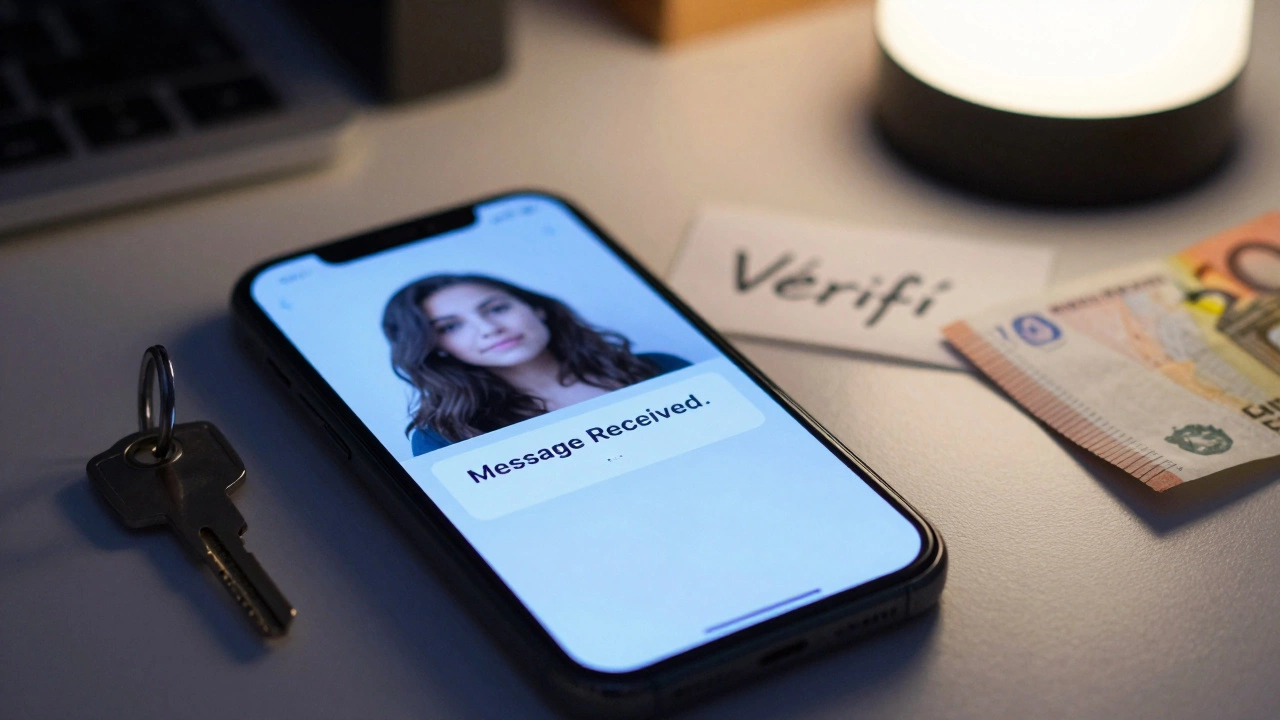A smartphone on a desk with a blurred profile and a handwritten note saying &#039;Vérifié,&#039; beside a key and cash.