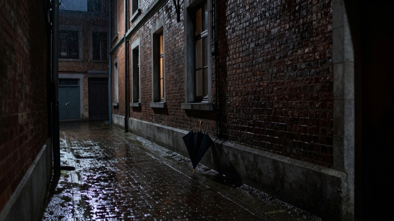 An empty rainy alley in Lille at night with an umbrella leaning against a wall, under a dim window glow.